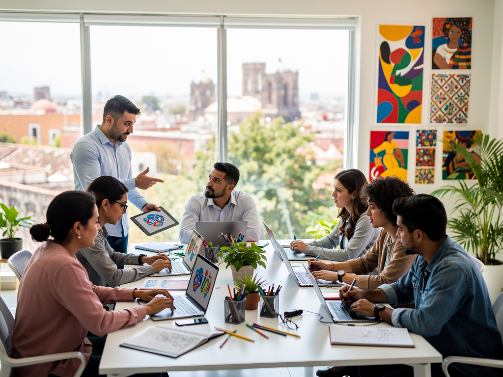 Equipo creativo en reunión de diseño en oficina moderna con laptops, bocetos y vista urbana