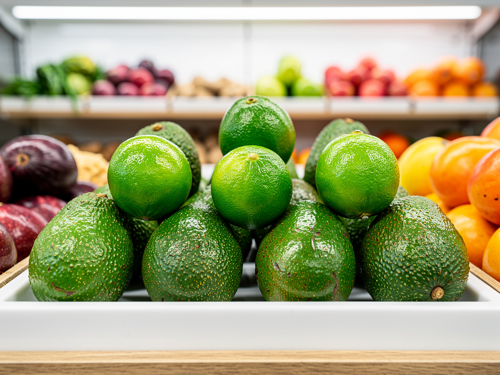 Aguacates y limas frescas en exhibición en un supermercado con frutas variadas al fondo