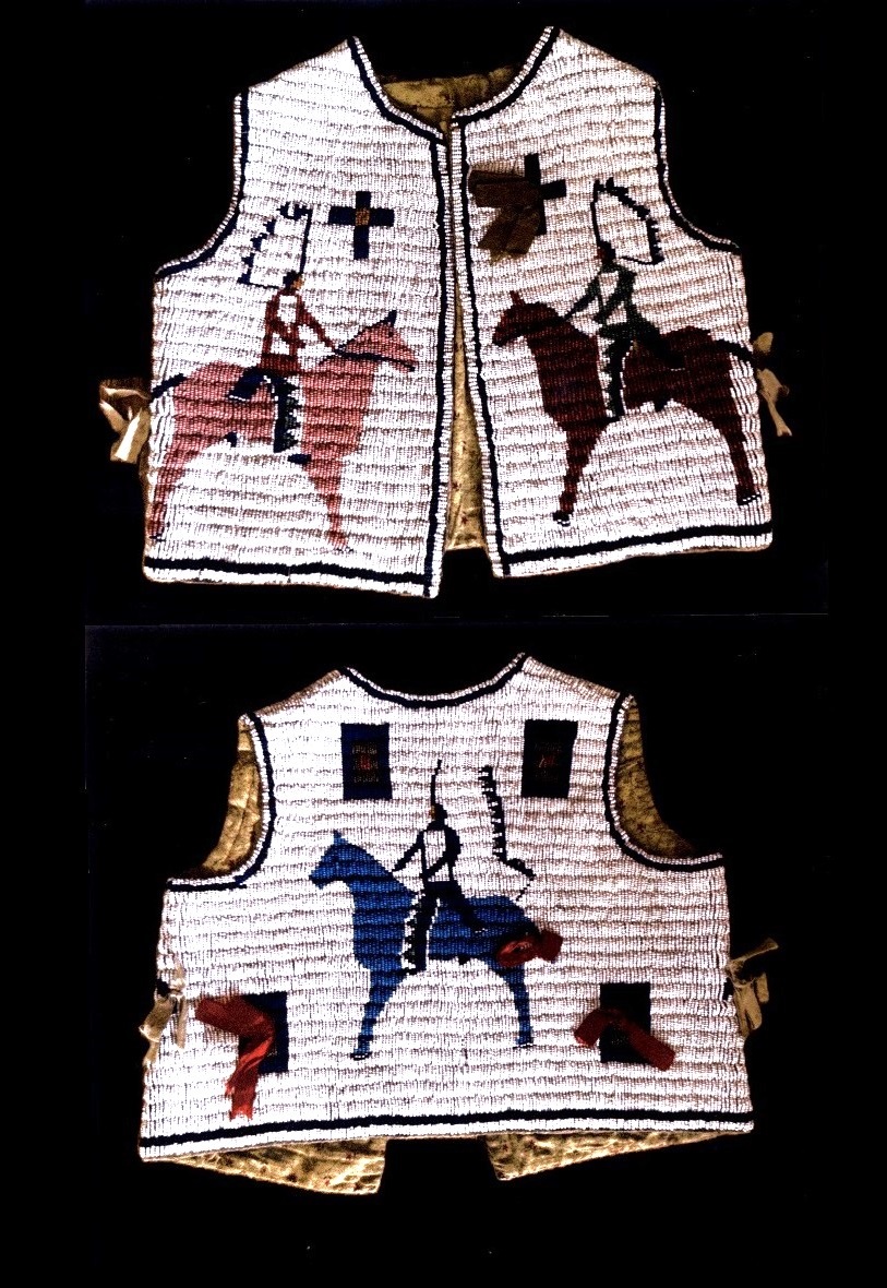 PRODUCT PROFILE :
Product No. : #10042
Description : Sioux Beaded
Child's Vest
PRODUCT NARRATIVE :
• Beaded w/ 3 mounted chiefs
• Fully calico cloth inside, ribbons tabs
• Circa: 1880 Size: Length 11" Width 12"