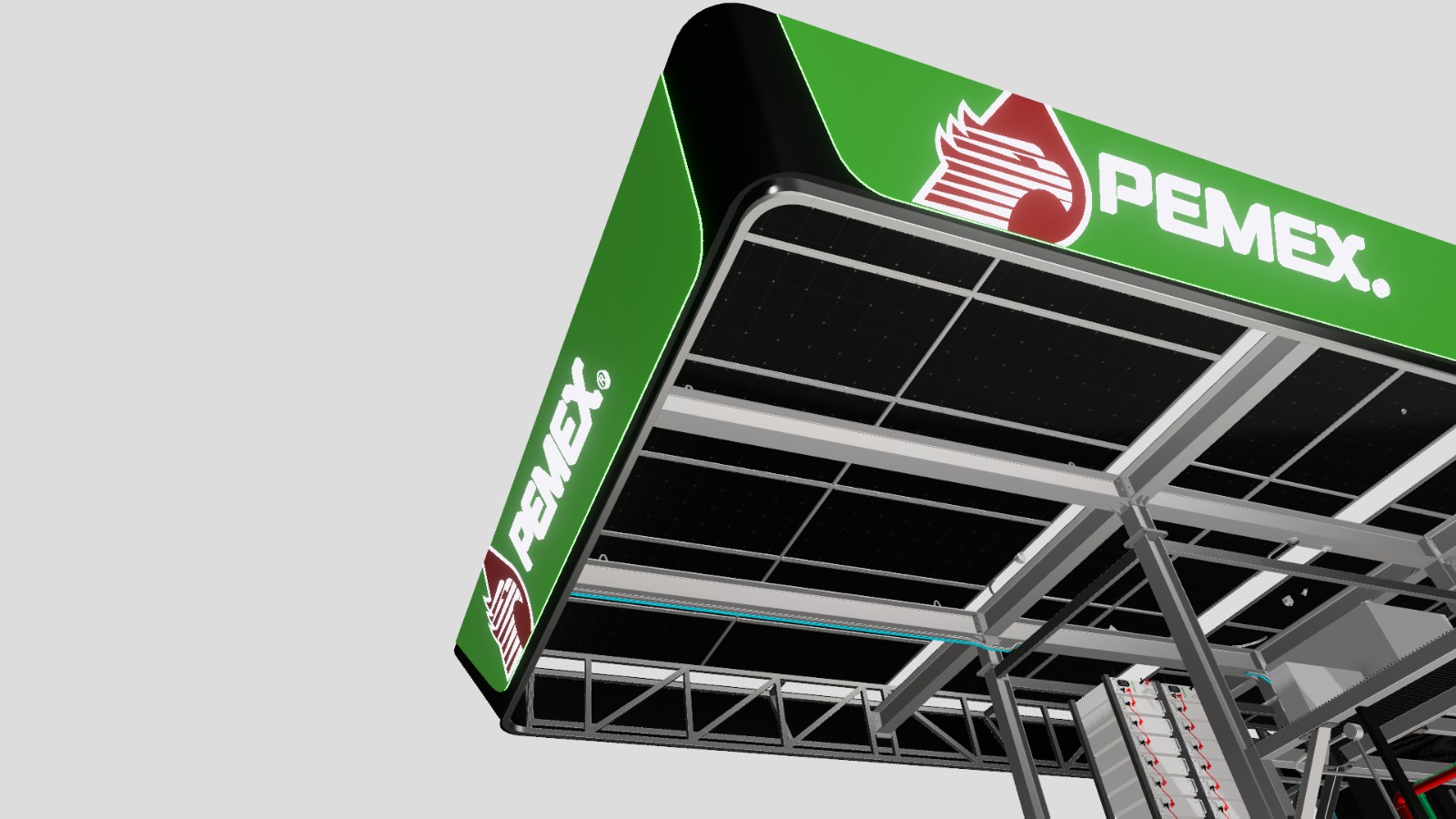 Estación de servicio moderna con dispensadores de combustible azules bajo un cielo despejado. Estación de servicio moderna con dispensadores de combustible azules bajo un cielo despejado.