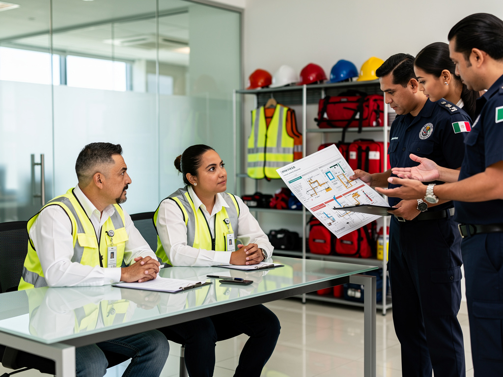 Equipo de seguridad industrial y policías mexicanos revisan un plano de emergencia en una oficina