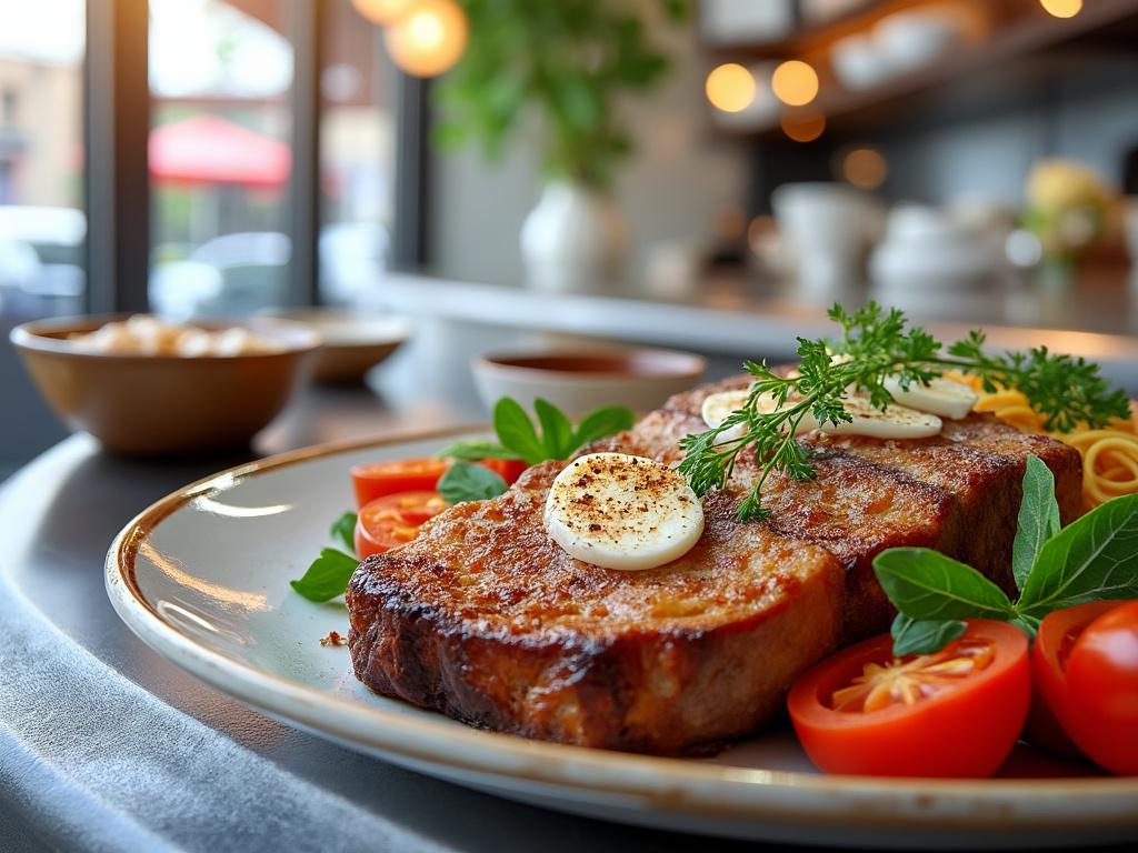 Plato de carne asada con rodajas de huevo, tomates cherry y espaguetis, decorado con hierbas frescas, en un entorno de restaurante.