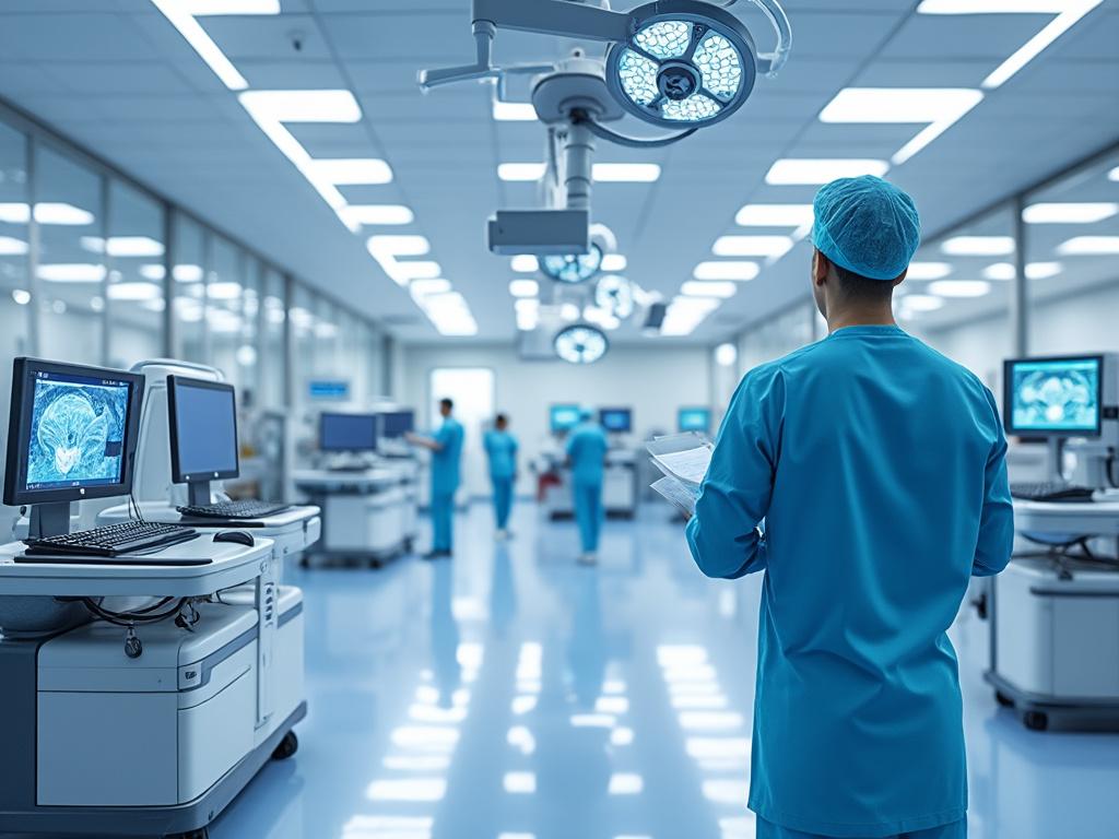 Personal médico en una sala de operaciones moderna con monitores de imágenes cerebrales.