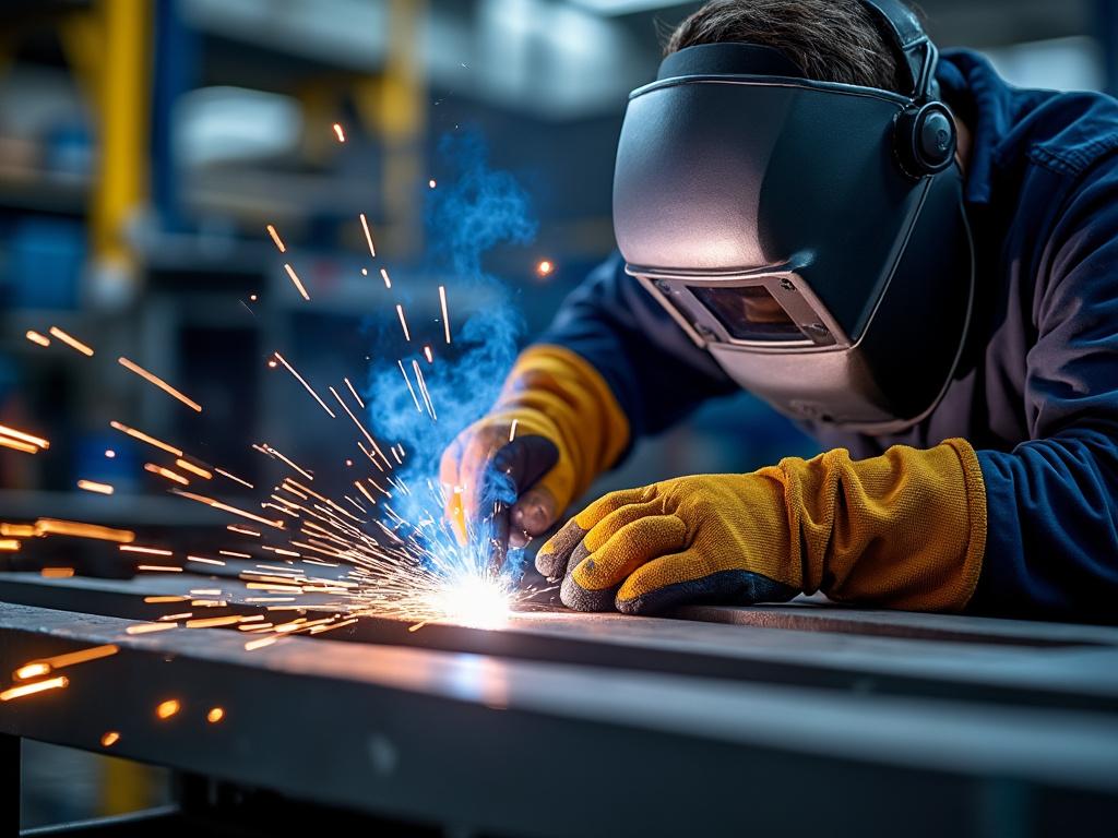 Soldador con máscara y guantes realizando trabajo de soldadura, con chispas volando en un taller industrial.