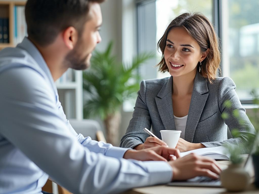 Dos personas de negocios conversando en una oficina con plantas y luz natural. Dos personas de negocios conversando en una oficina con plantas y luz natural.