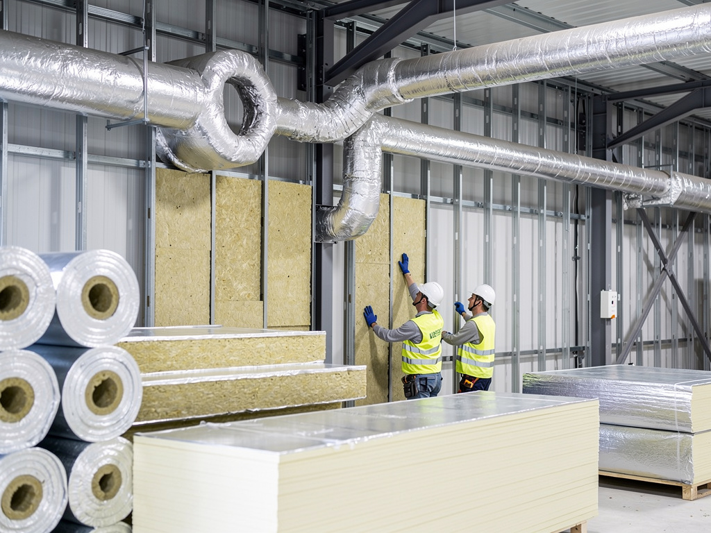 Trabajadores instalando paneles de aislamiento térmico y conductos HVAC en edificio industrial