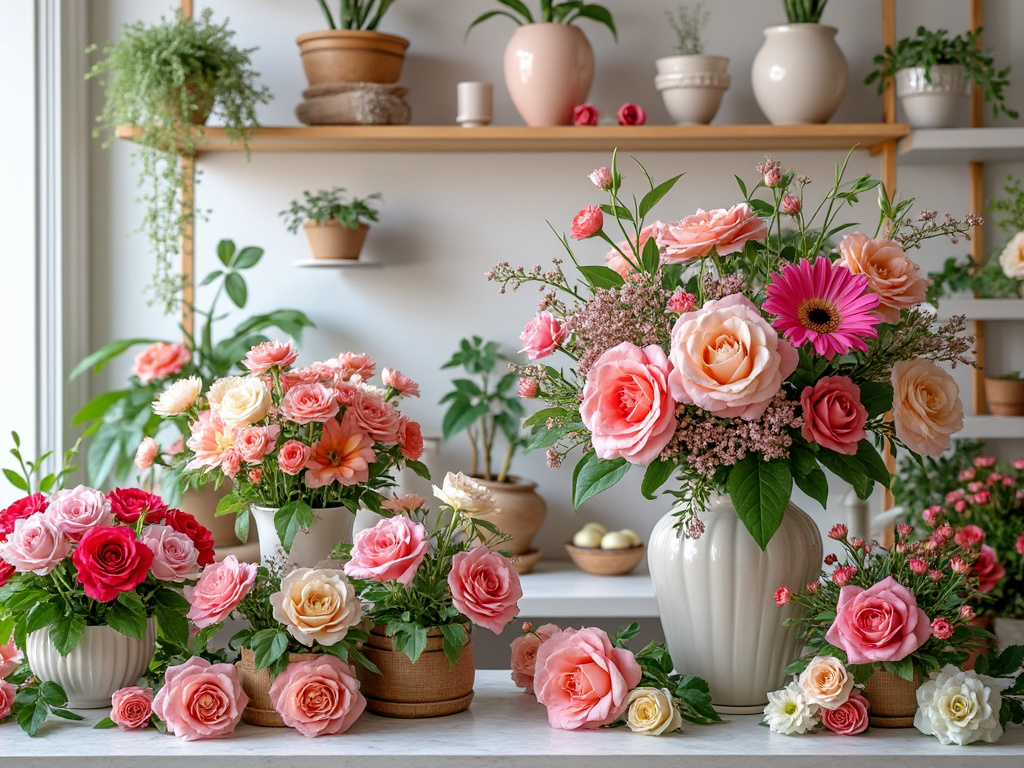 Arreglos florales de rosas y flores variadas en jarrones de cerámica sobre una mesa, con estantes de plantas en el fondo.