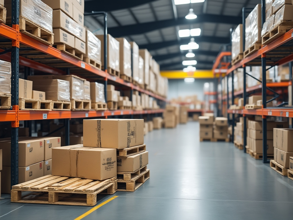 Almacén moderno con estanterías metálicas llenas de cajas de cartón sobre pallets.
