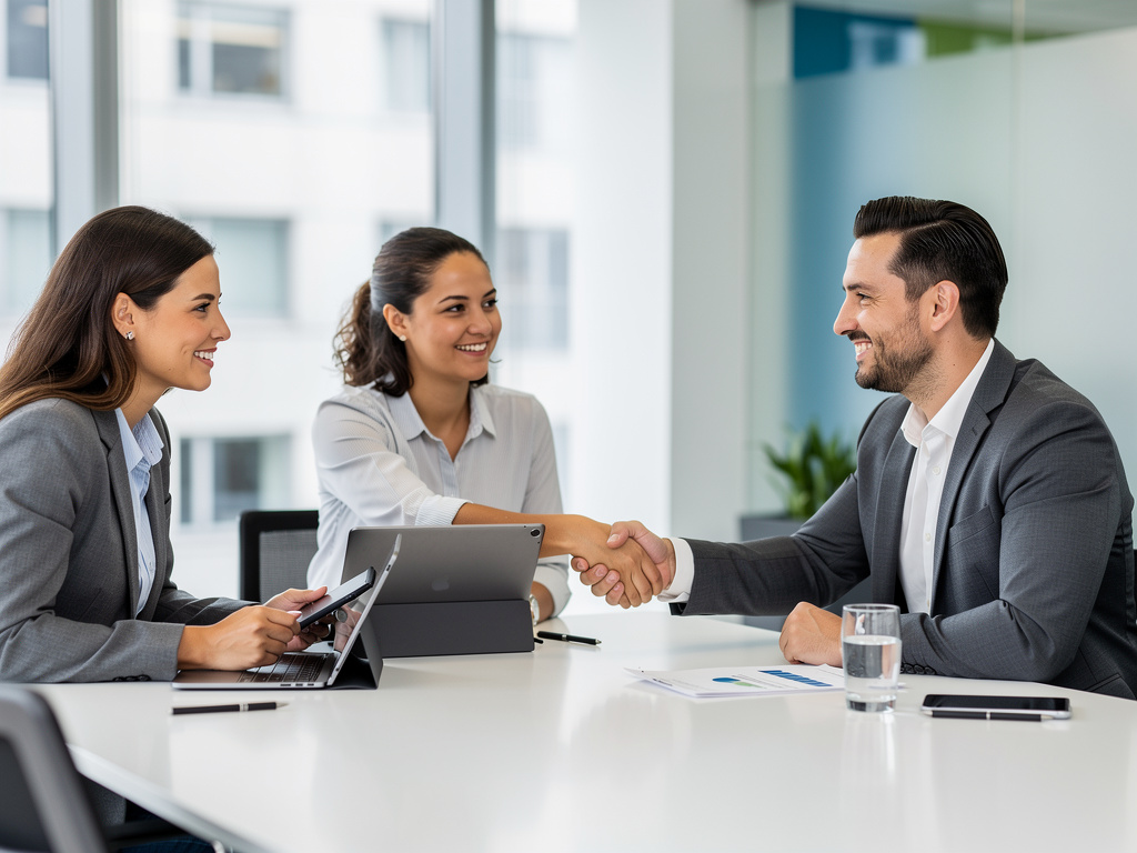 Profesionales de negocios estrechando la mano durante una reunión en oficina moderna
