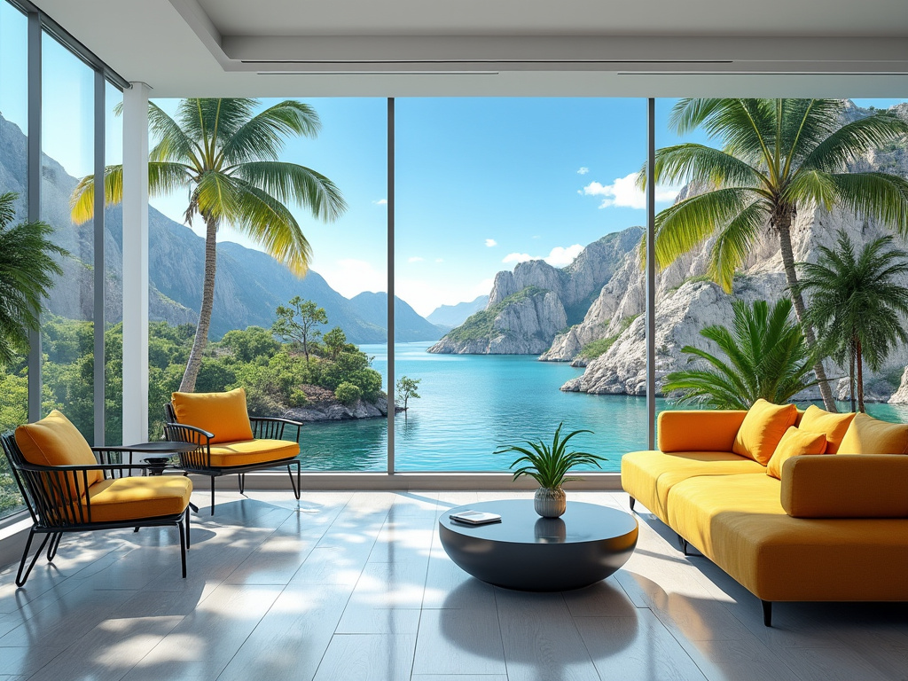 Sala moderna con sofá amarillo, grandes ventanales, vistas a un lago azul y montañas rocosas, con palmeras.