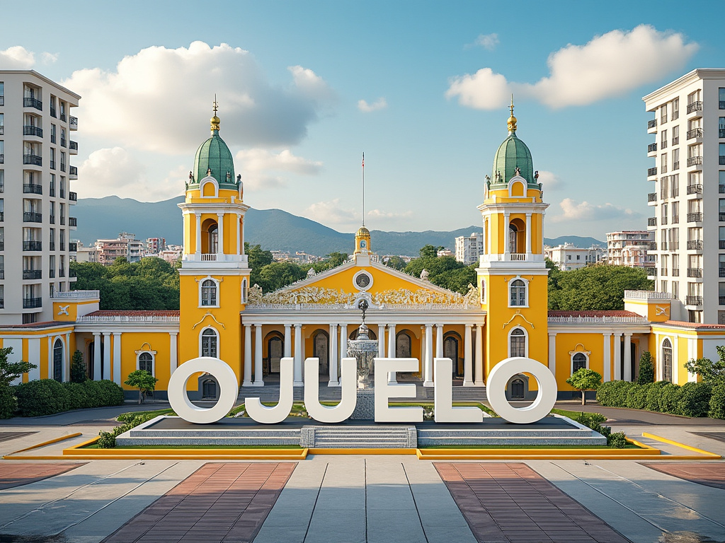 Edificio amarillo con dos torres y letras grandes de 'OJU ELO' en la entrada, rodeado de árboles, montañas de fondo y cielo azul con nubes.
