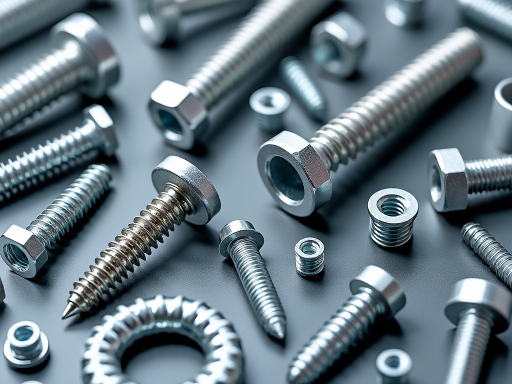 Variedad de tornillos metálicos y tuercas en una superficie gris.