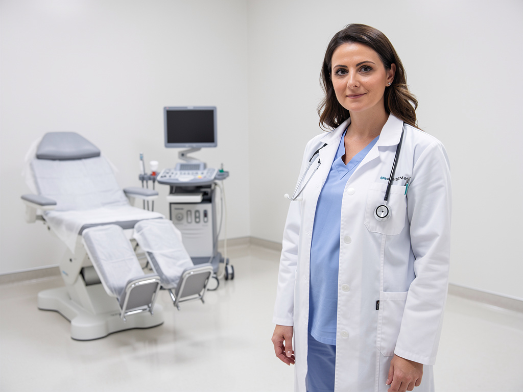 Doctora con bata blanca en consultorio médico moderno con camilla ginecológica y equipo de ecografía