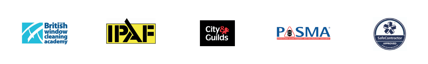 Logos of British Window Cleaning Academy, IPAF, City & Guilds, PASMA, and SafeContractor Approved.