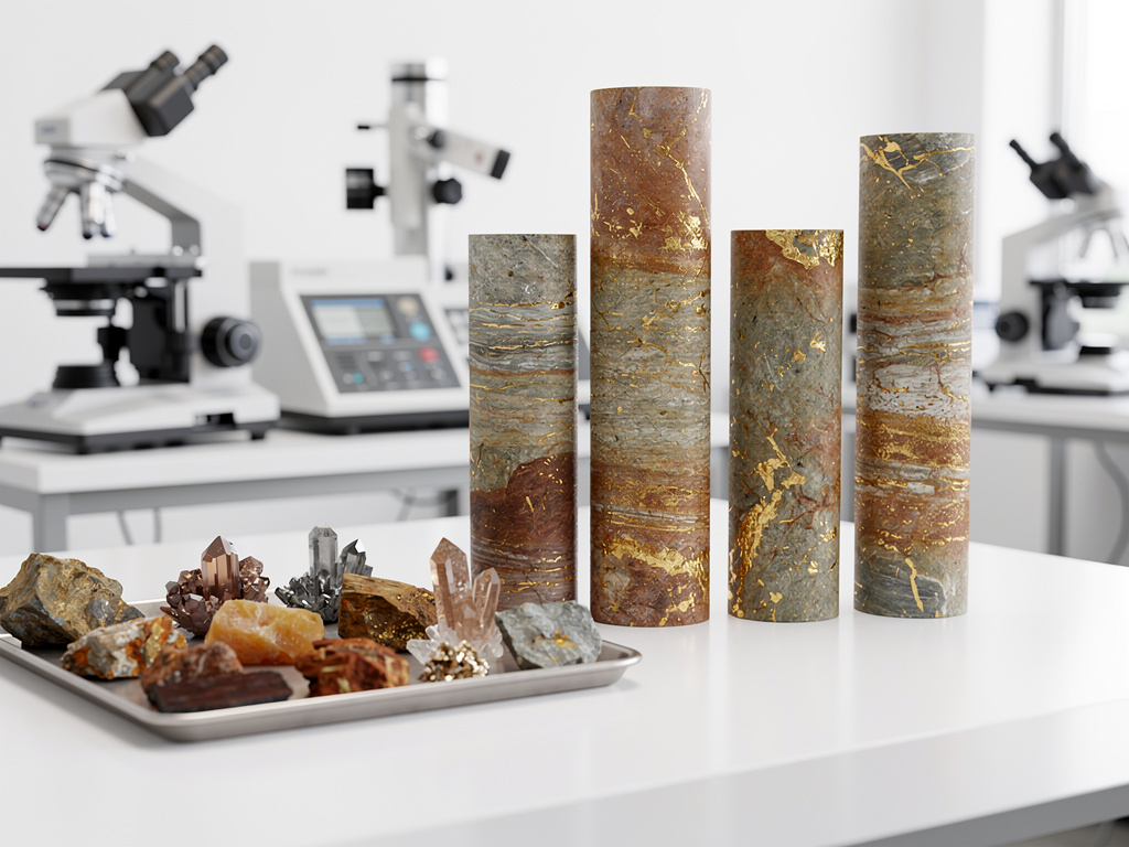 Muestras cilíndricas de núcleo mineral con vetas doradas y cristales en laboratorio geológico con microscopios