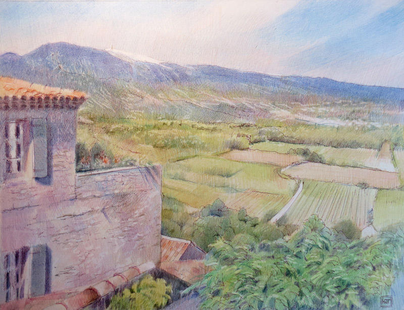 Mont Ventoux from the Hotel Crillon Le Brave (in Provence) SOLD
12" x 16", pen and sepia ink and coloured pencils