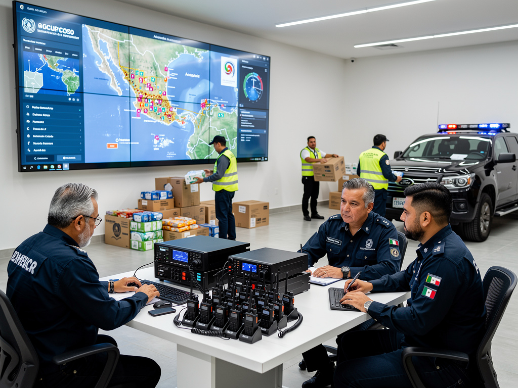 Centro de mando de Protección Civil en México con oficiales, radios, mapa digital, suministros de emergencia y patrulla