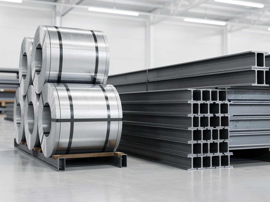 Perfiles, barras y placas de aluminio industrial sobre mesa blanca en almacén metalúrgico