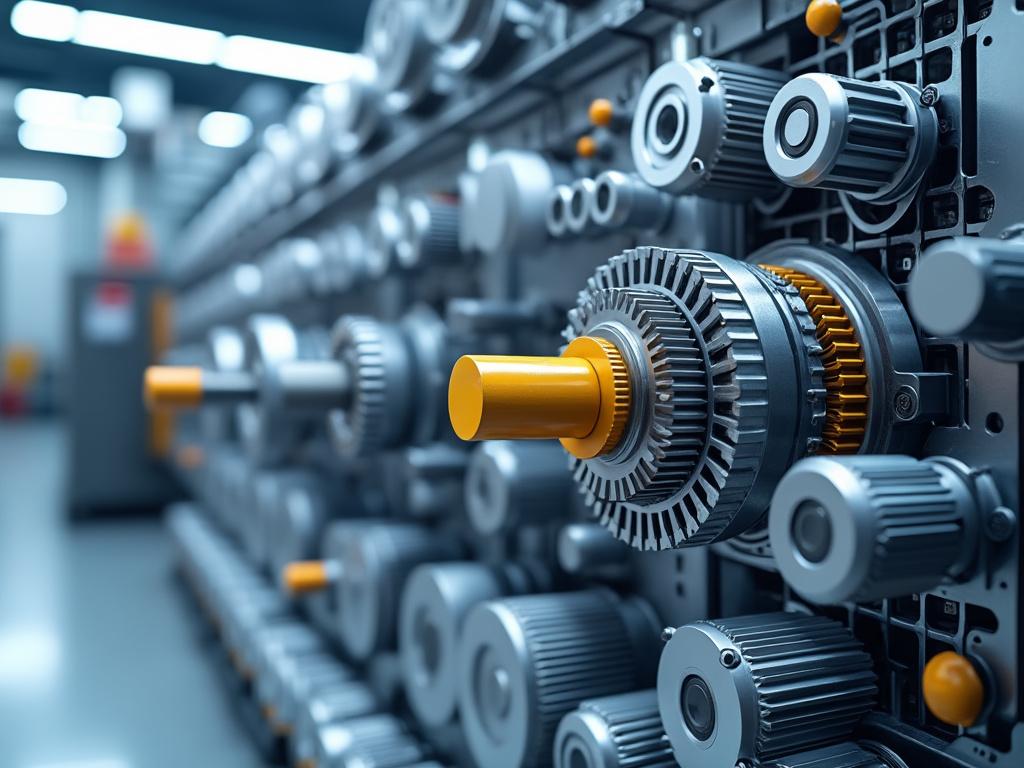 Close-up view of industrial machinery with interconnected gears and orange handles, showcasing mechanical components in a factory setting.