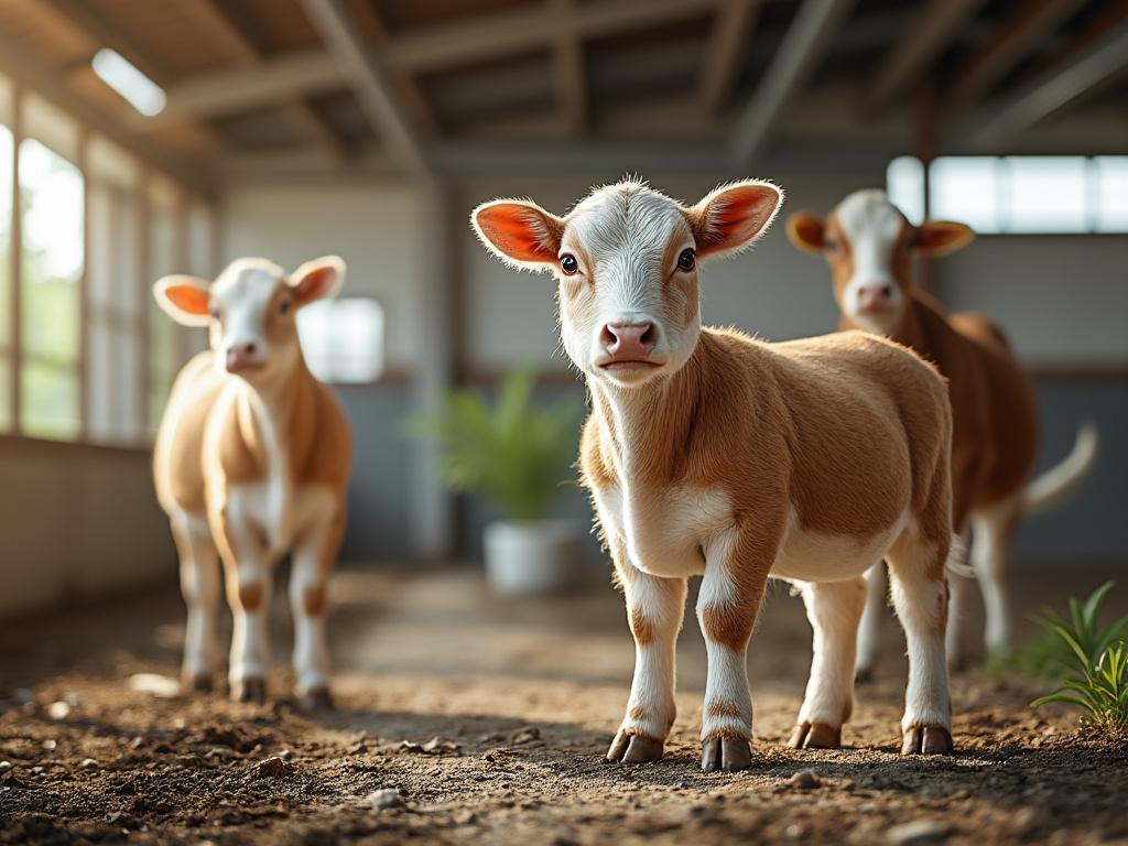 Tres terneros jóvenes de color marrón y blanco en un establo iluminado por luz natural.
