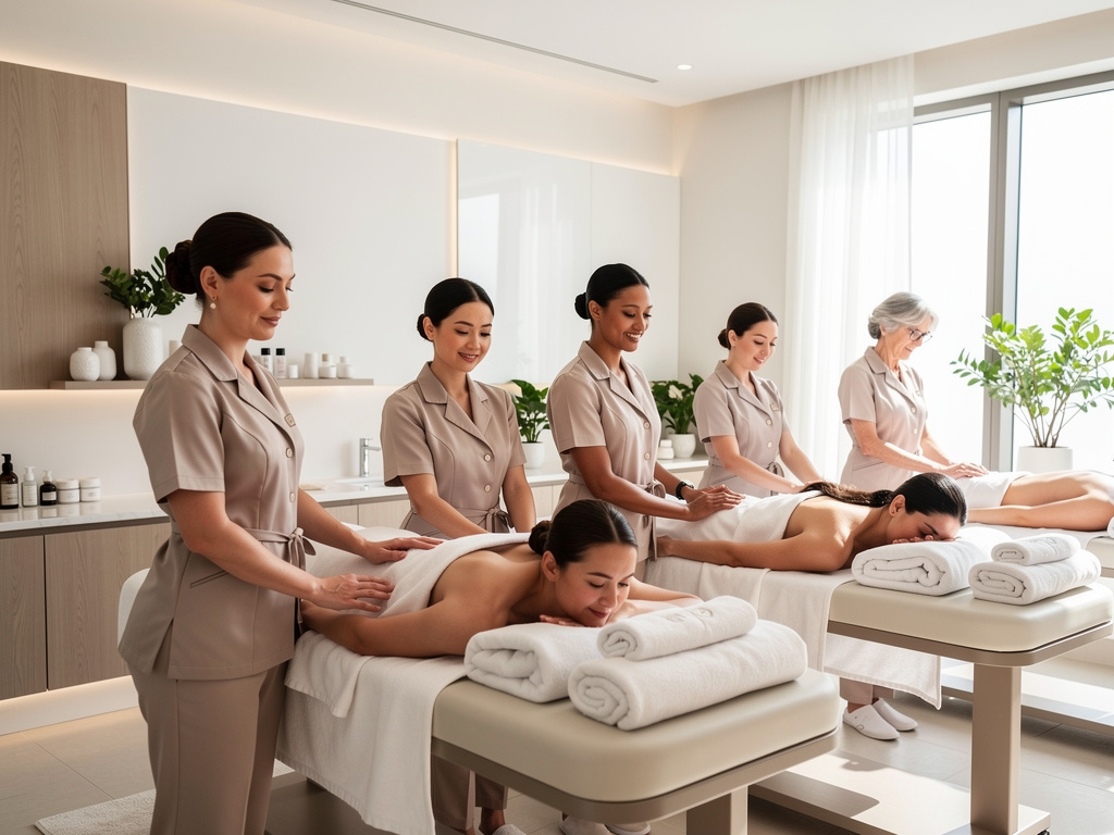 Terapeutas realizando masajes relajantes en un spa moderno con camillas, toallas blancas y luz natural