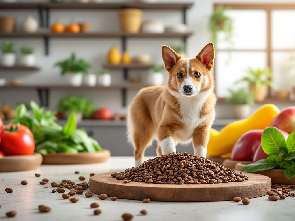 Perro pequeño junto a un plato de café en grano, rodeado de verduras frescas en una cocina moderna.