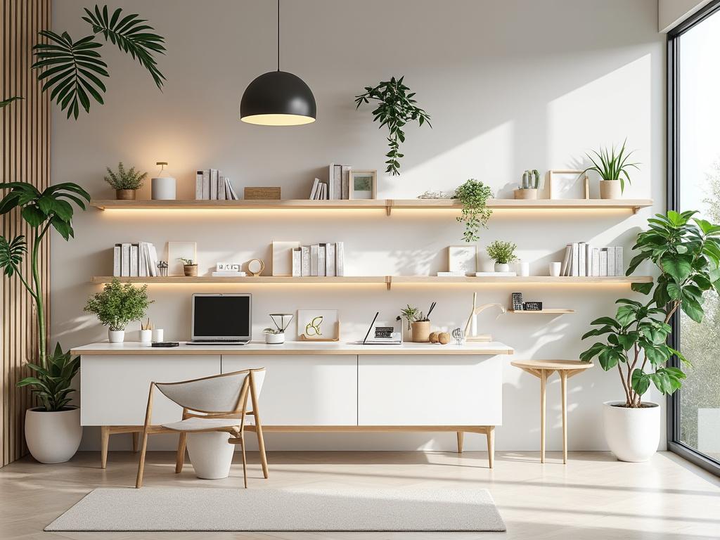 Oficina moderna y luminosa con escritorio blanco, plantas, estanterías flotantes y decoración minimalista.