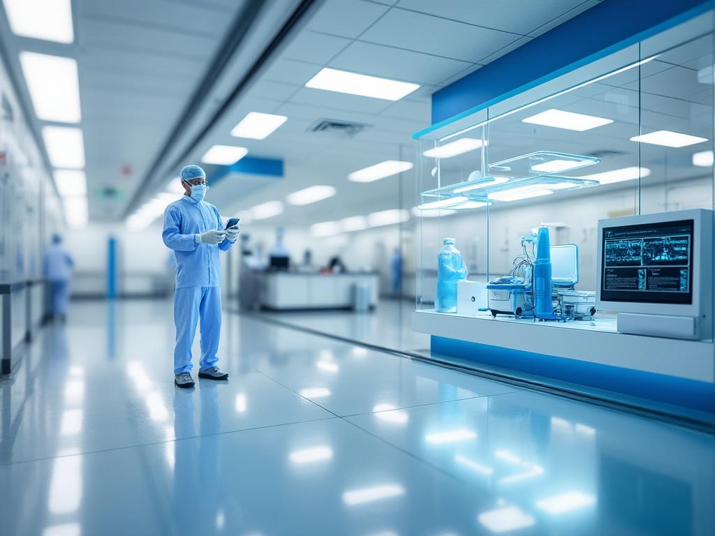 Profesional de salud con equipo de protección en laboratorio moderno.