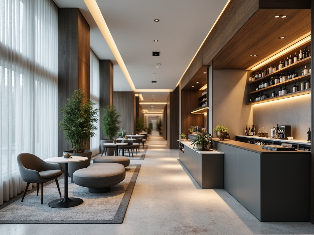 Sala moderna y luminosa con muebles elegantes, plantas decorativas y una barra de café bien surtida a la derecha.