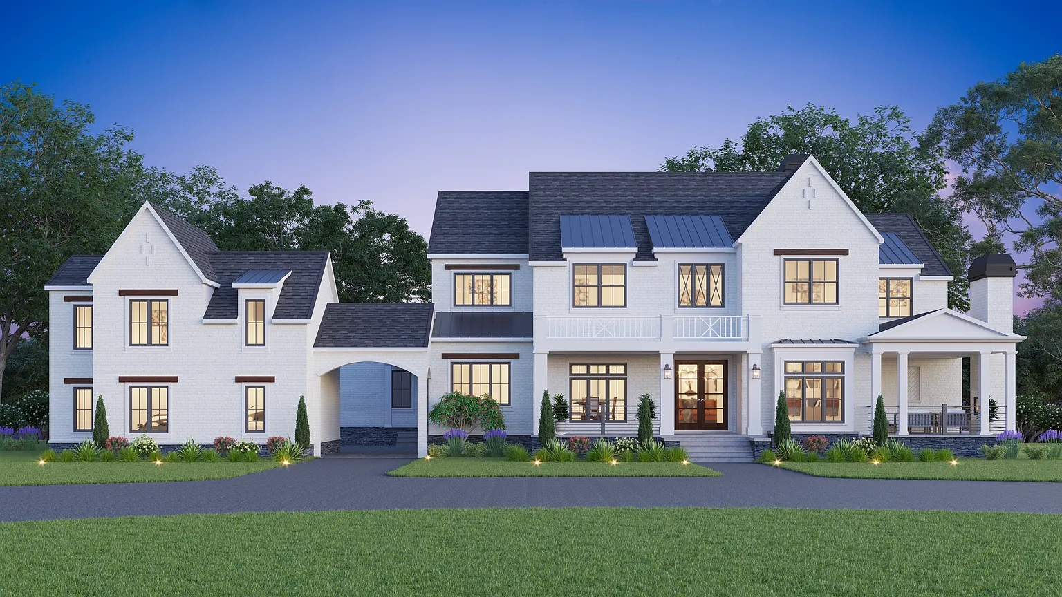 Elegant two-story white brick house with large windows, manicured garden, and covered porch at dusk.