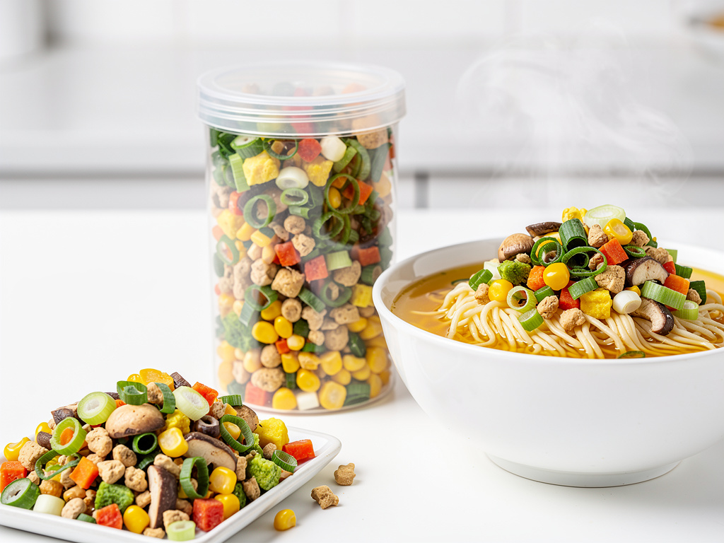 Bowl of steaming noodle soup topped with colorful dried vegetables, mushrooms, corn, tofu crumbles, and green onions beside a container of ramen toppings