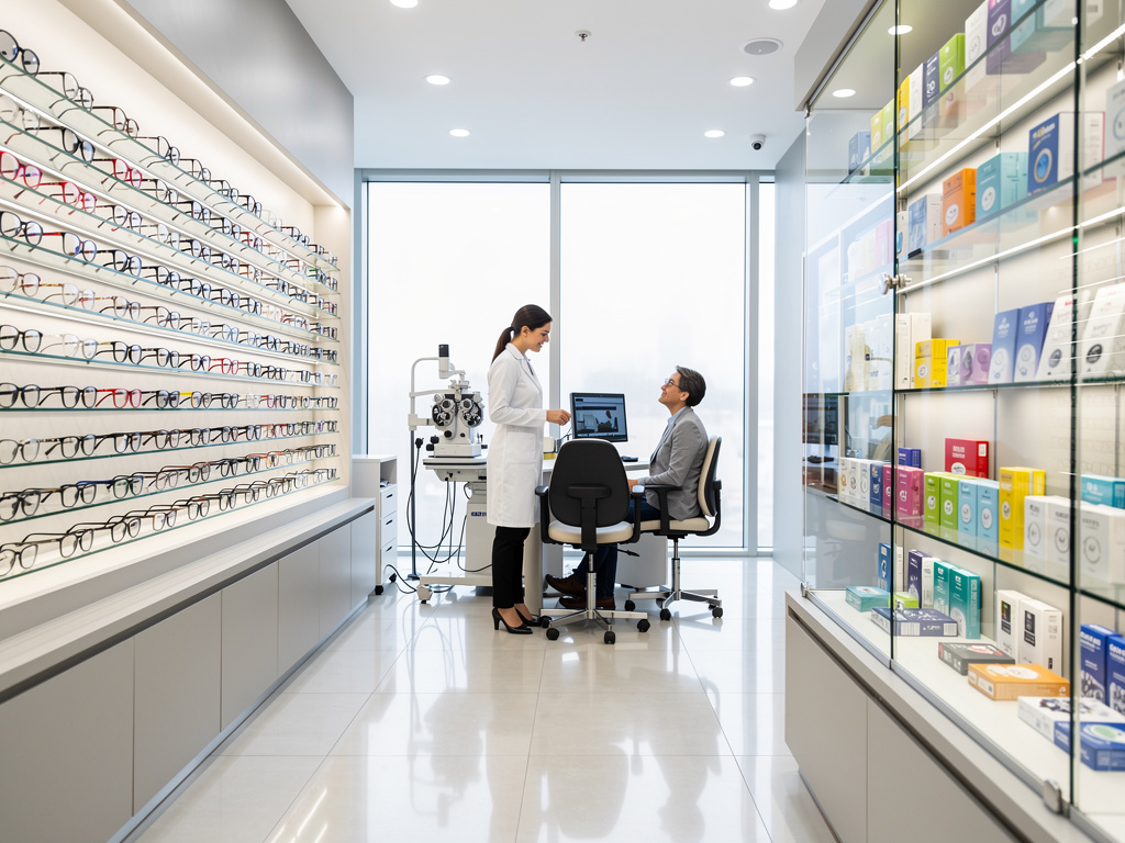 Óptica moderna con optometrista atendiendo a un paciente, monturas de gafas en exposición y productos de lentes de contacto Óptica moderna con optometrista atendiendo a un paciente, monturas de gafas en exposición y productos de lentes de contacto