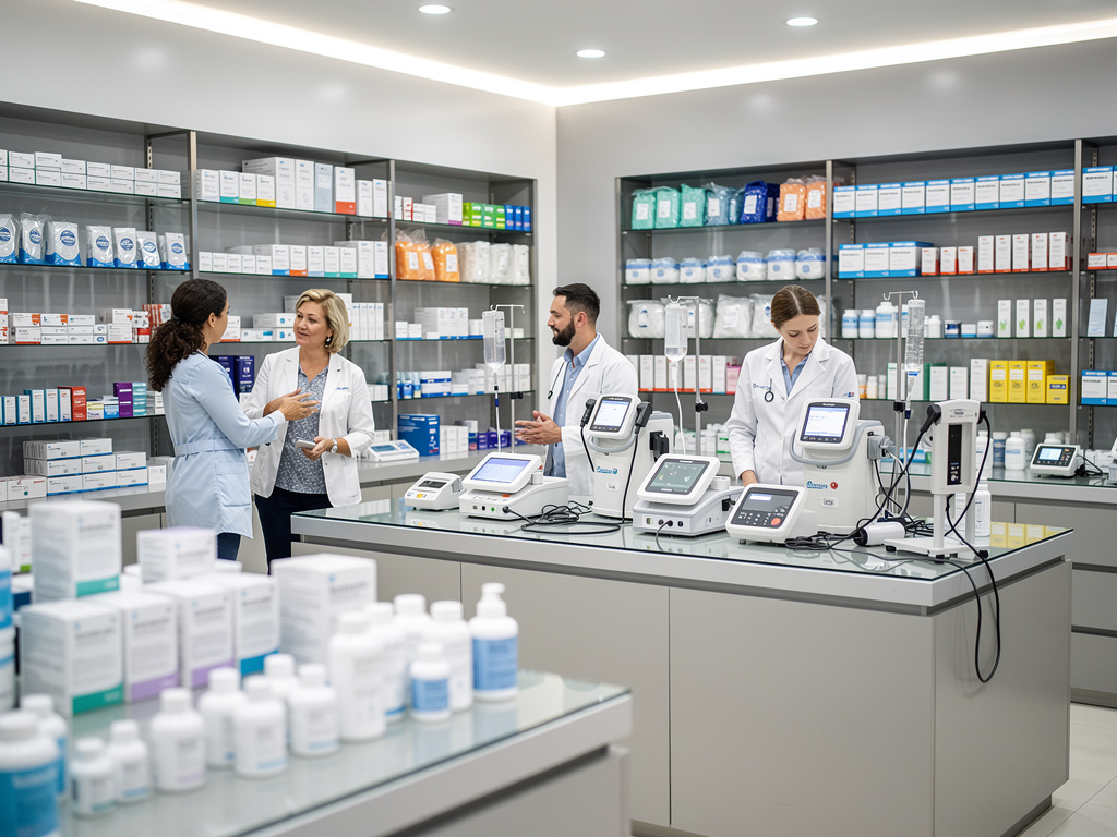 Personal médico en clínica moderna con equipos estéticos y suministros farmacéuticos en estanterías Personal médico en clínica moderna con equipos estéticos y suministros farmacéuticos en estanterías