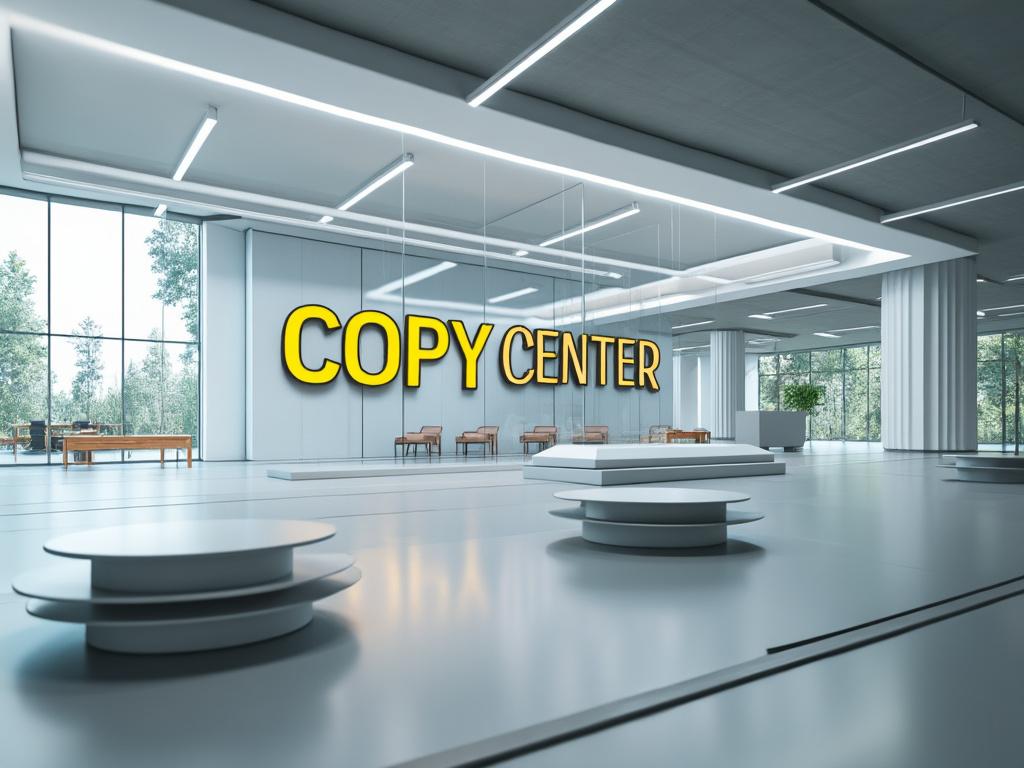 Interior moderno y minimalista de un centro de copiado con letras amarillas grandes, techos altos, columnas y ventanales.