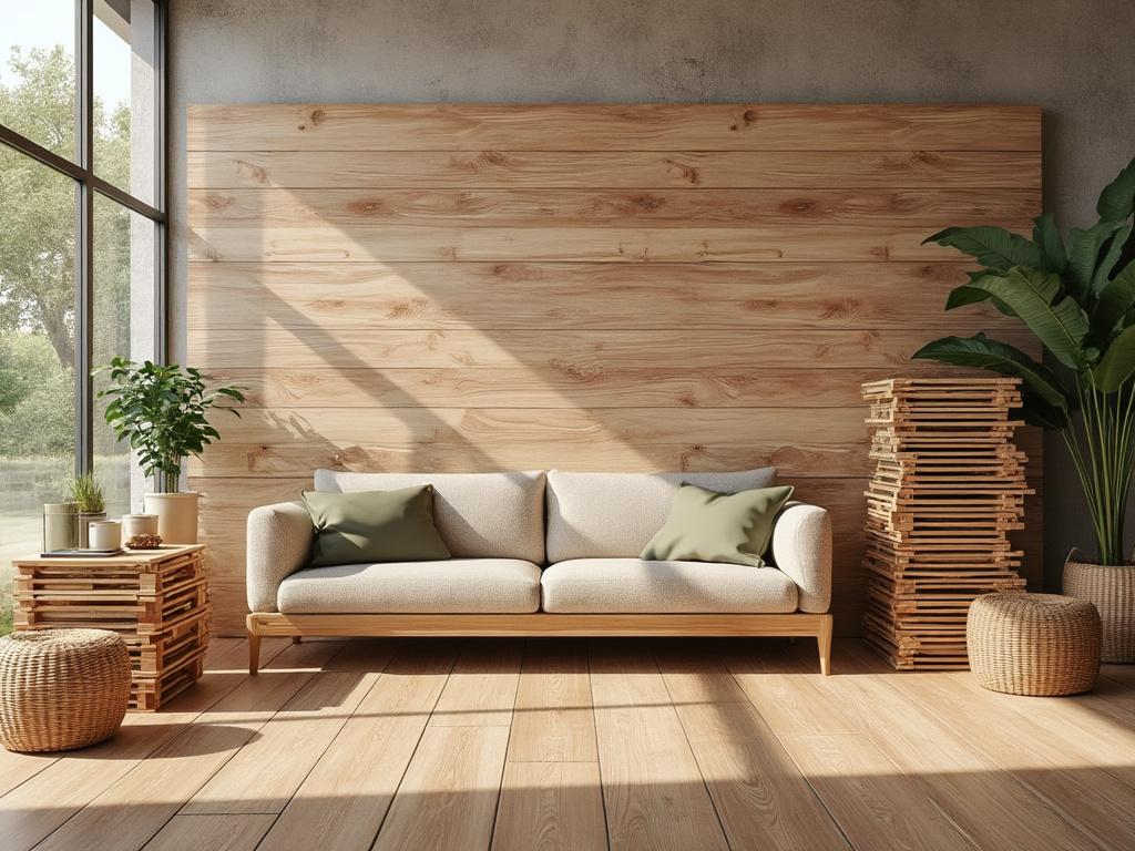 Sala de estar moderna con sofá blanco, cojines verdes, paredes de madera y plantas decorativas.