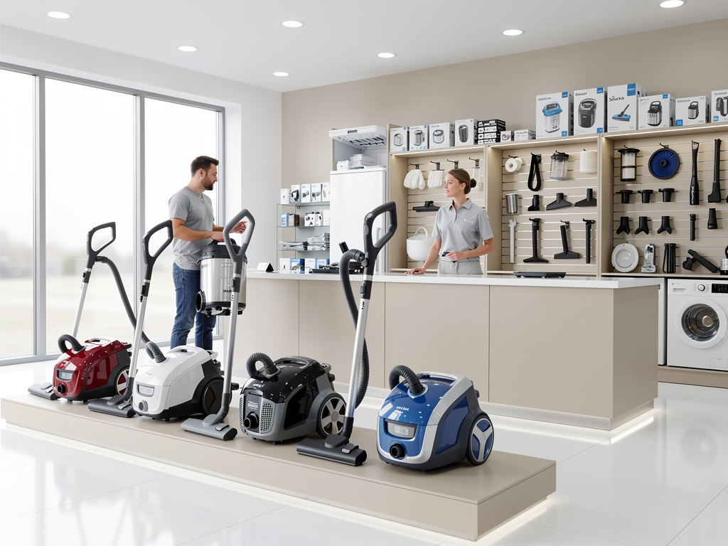 Modern vacuum cleaner showroom with customer and sales assistant, displaying canister vacuums and cleaning accessories