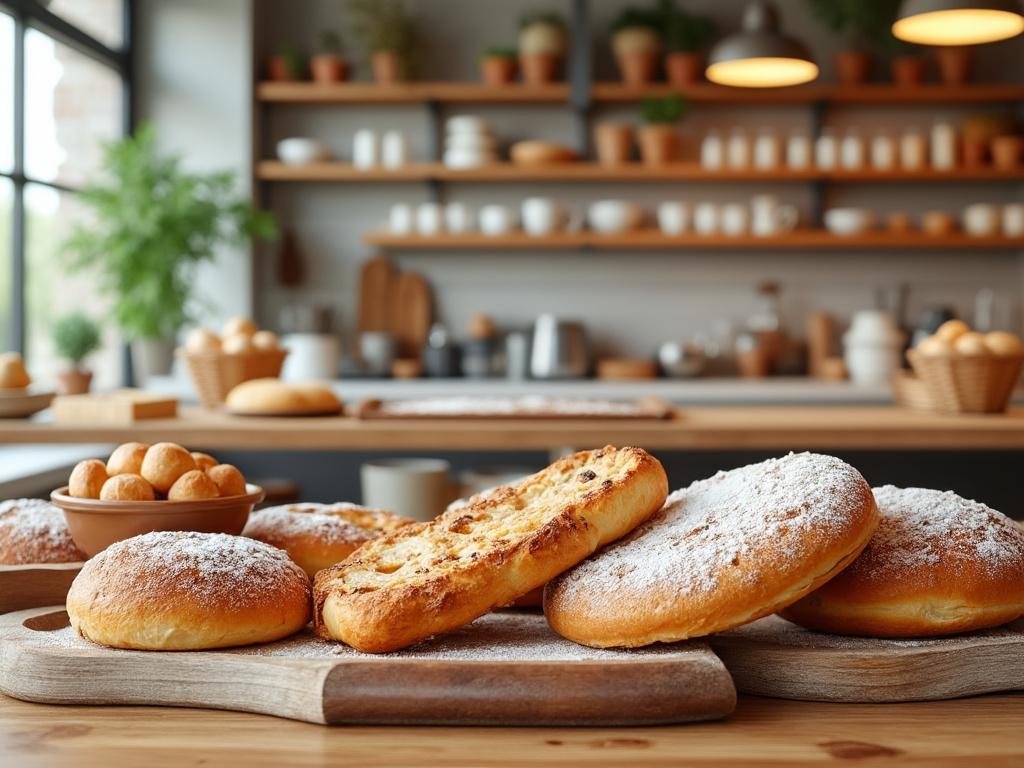 Bollos de pan fresco espolvoreados con azúcar en un entorno acogedor de cocina.