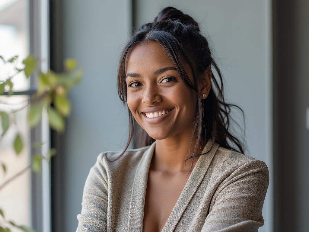 Smiling woman with long hair in casual attire, standing near a window with green plant, modern indoor setting.