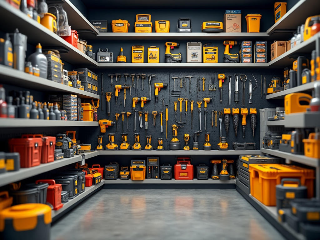 Herramientas de taller organizadas en estantes y paredes, incluyendo taladros, destornilladores, y cajas de almacenamiento. Herramientas de taller organizadas en estantes y paredes, incluyendo taladros, destornilladores, y cajas de almacenamiento.