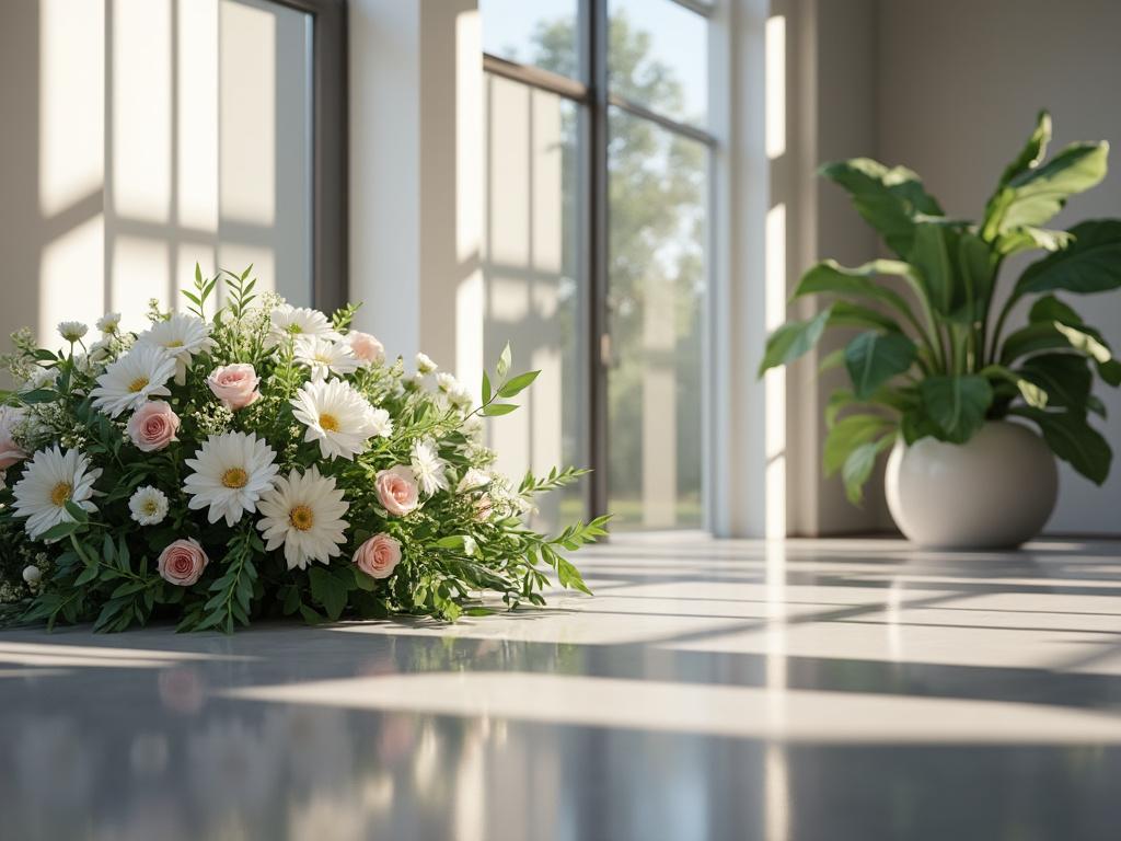 Ramo de flores blancas y rosadas junto a una planta verde en maceta blanca en una sala iluminada por luz natural.