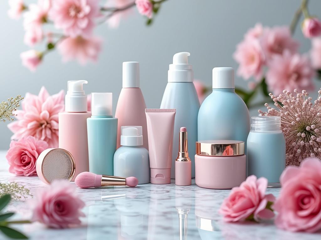 Botes de productos de belleza en tonos pastel sobre una superficie de mármol, con flores rosadas de fondo.