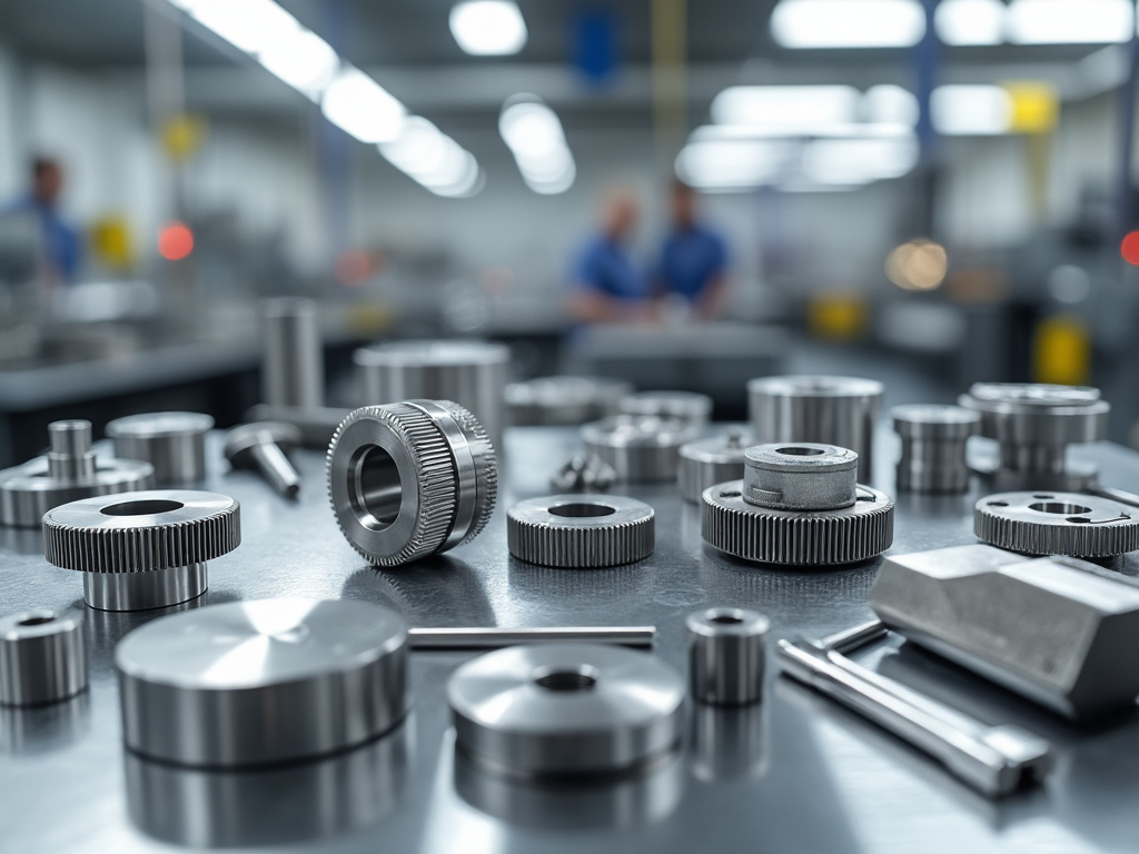 Piezas de metal de precisión en una fábrica, mostrando engranajes sobre una mesa con un fondo desenfocado de trabajadores. Piezas de metal de precisión en una fábrica, mostrando engranajes sobre una mesa con un fondo desenfocado de trabajadores.