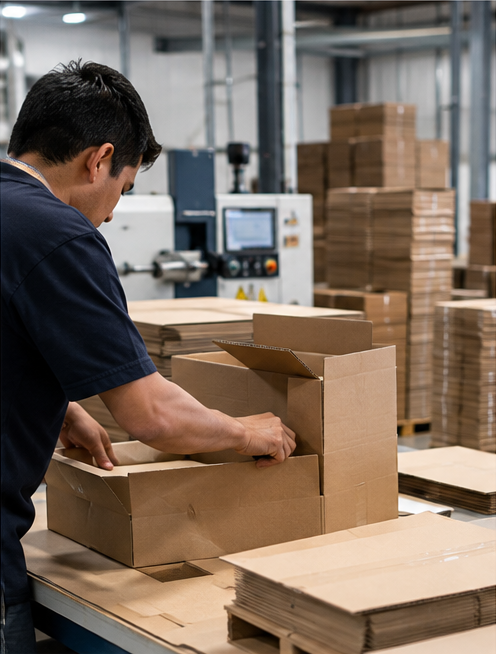 Línea automatizada de embalaje en almacén con trabajadores revisando cajas de cartón en cintas transportadoras