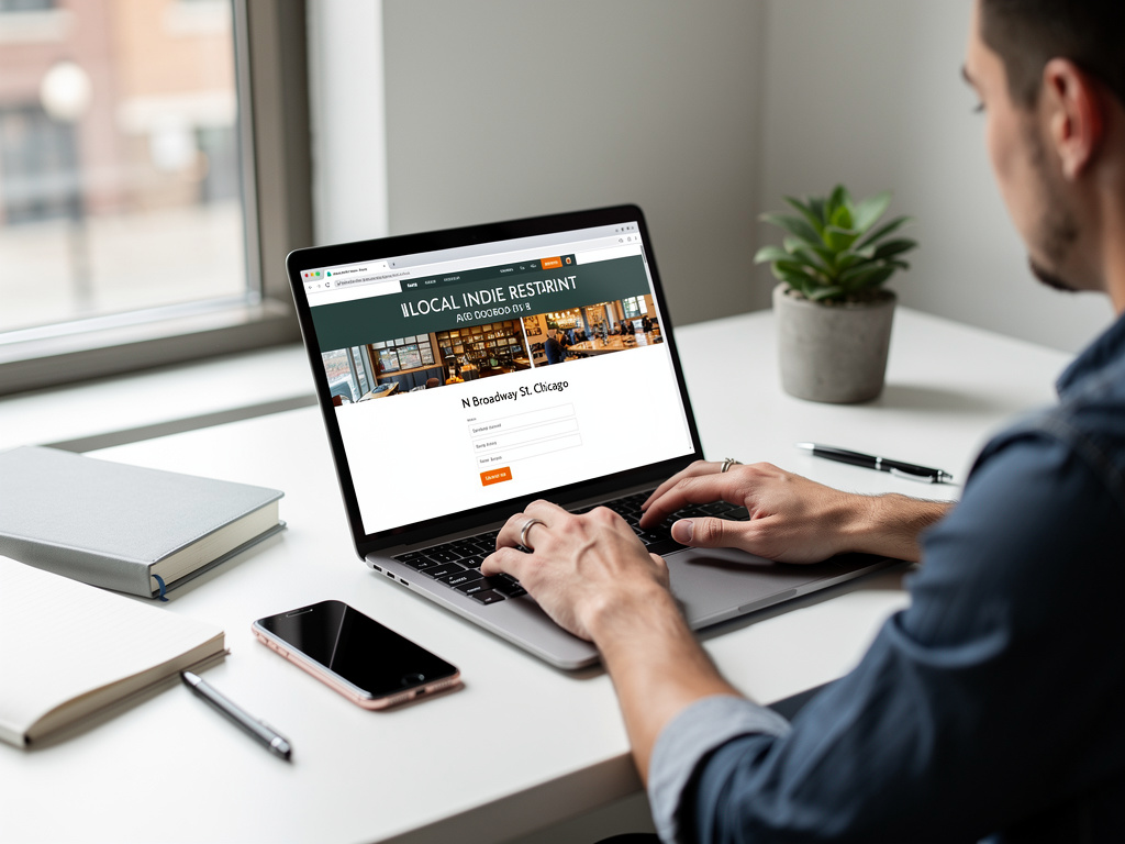 Man browsing a local indie restaurant website on a laptop at a modern desk