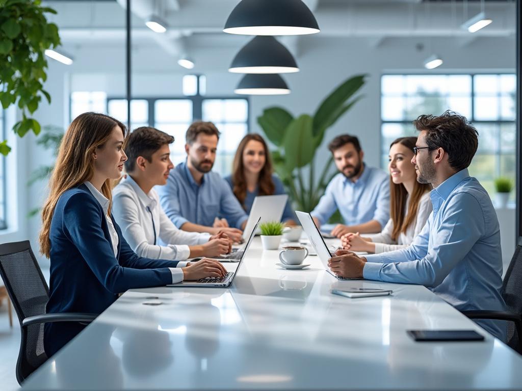 Group of professionals having a meeting in a modern office with laptops, plants, and coffee cups on a conference table.