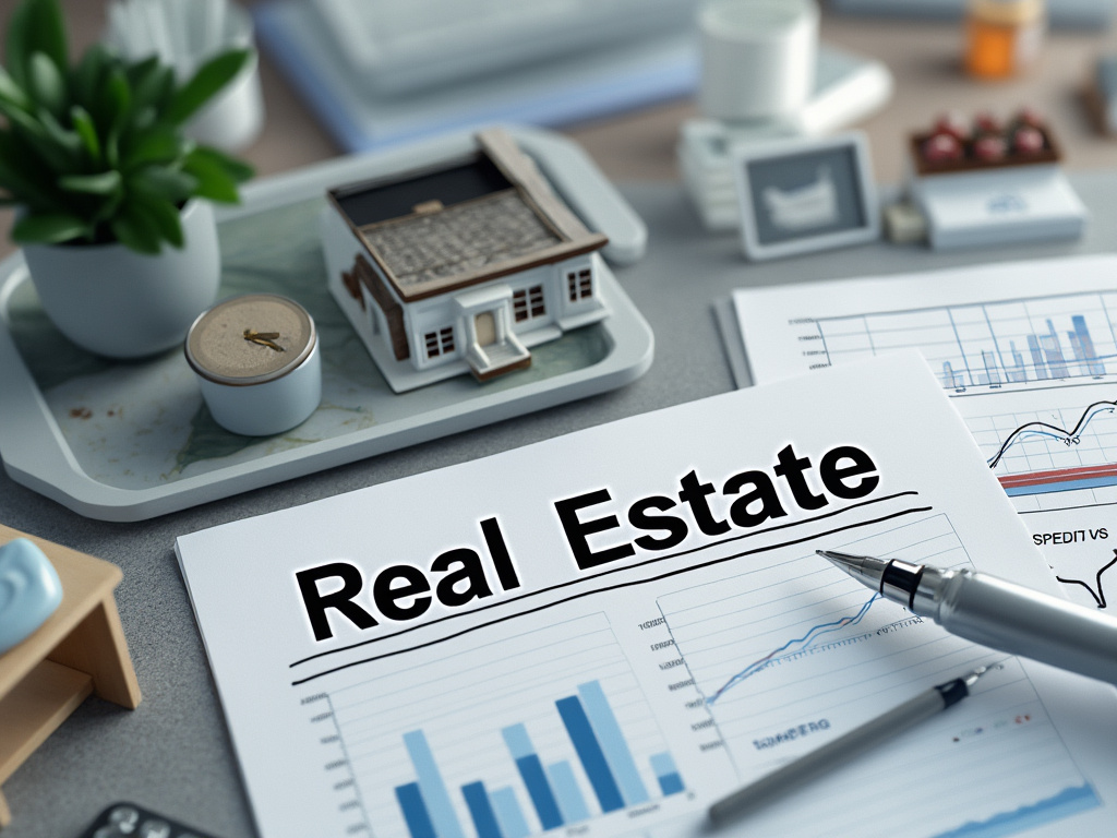 Documentos de bienes raíces con gráficos y miniatura de casa sobre escritorio.
