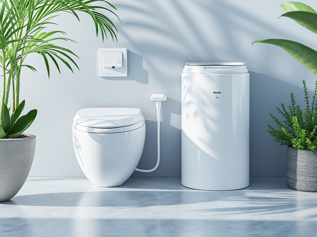 Baño moderno con inodoro blanco y tanque de agua, decorado con plantas verdes en macetas grises.