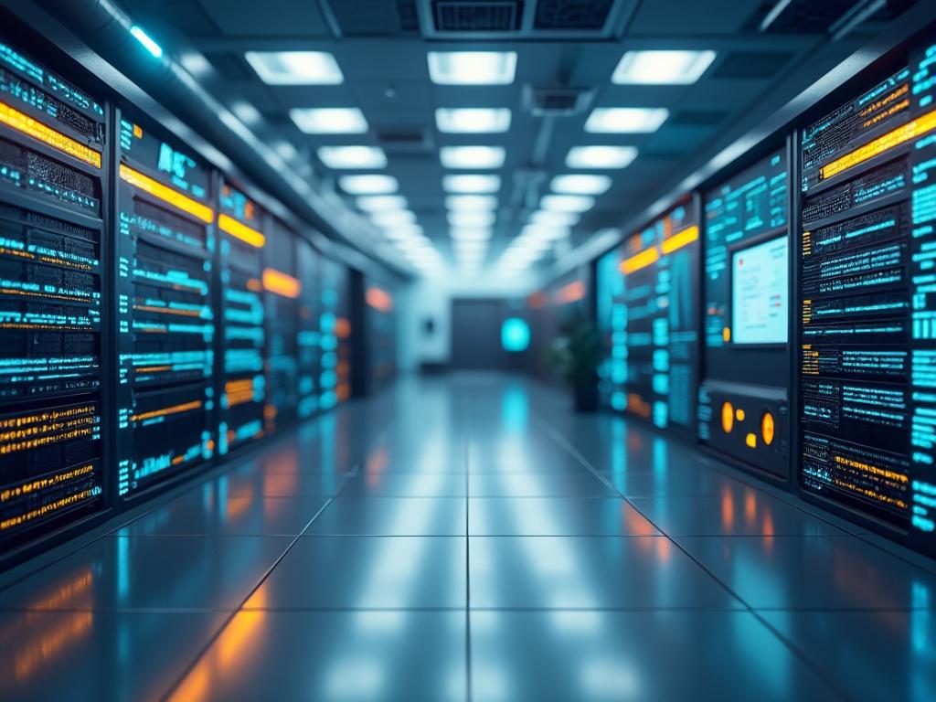 Pasillo de un centro de datos con servidores iluminados y pantallas de control.