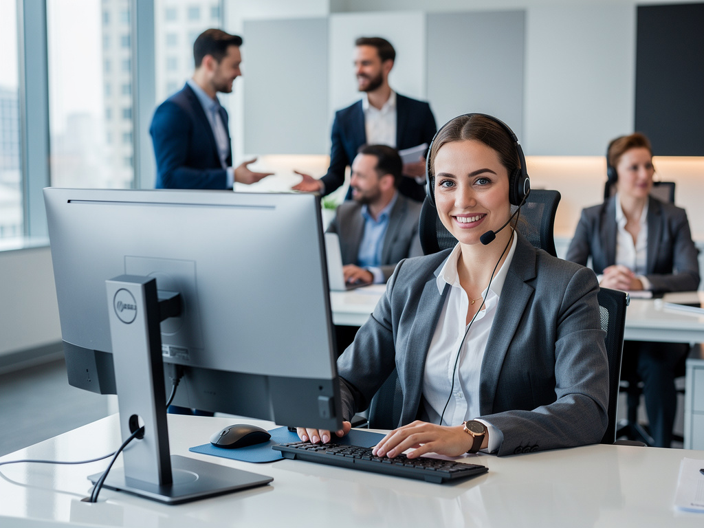 Operadora de atención al cliente con auriculares trabajando en computadora en oficina moderna con equipo empresarial