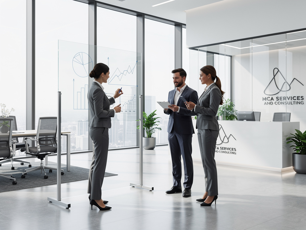 Consultores de negocios analizan gráficos en pizarra de vidrio en una oficina moderna de MCA Services and Consulting